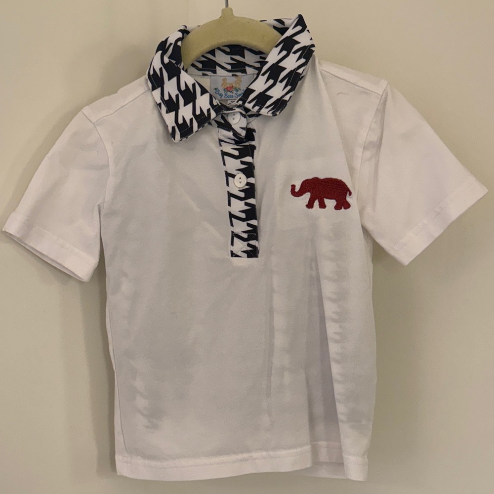 Alabama White Kids Shirt with Red Elephant Embroidery and Houndstooth Shorts